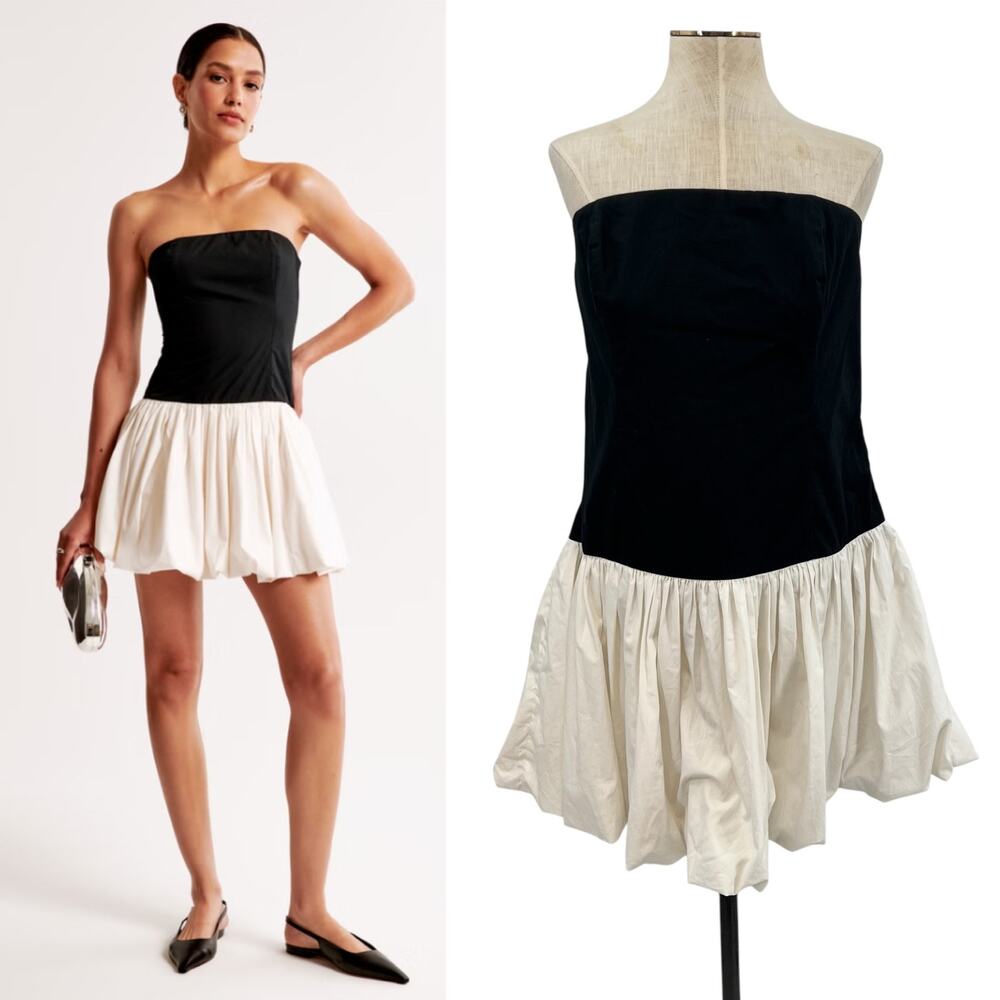 Abercrombie Bubble Hem Mini Dress Strapless Black White Size XL